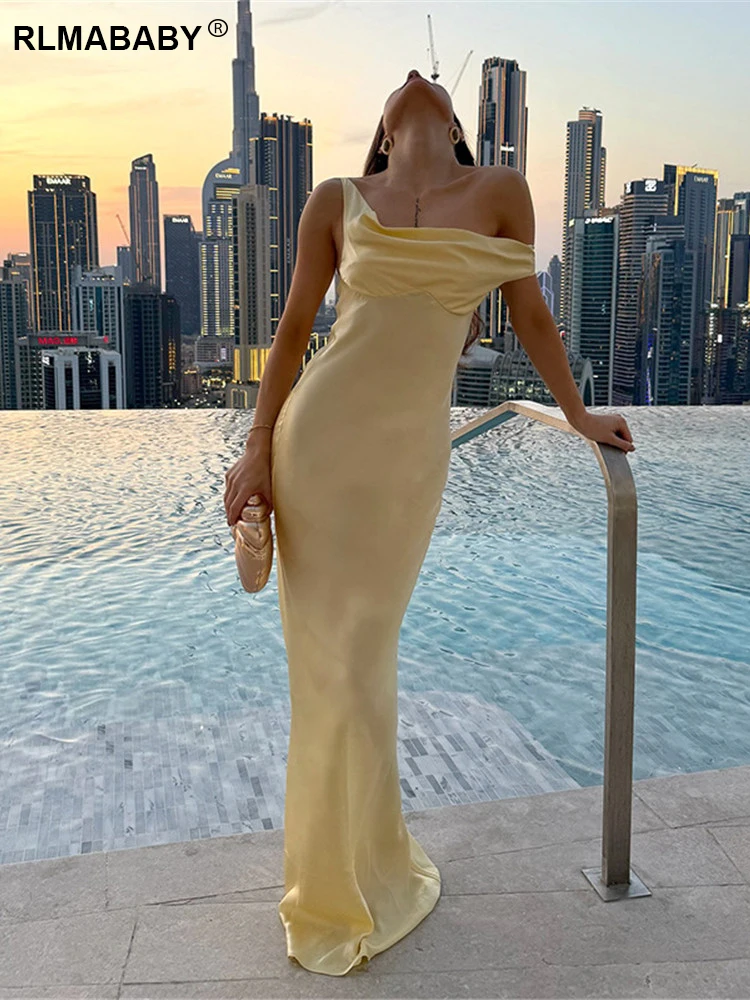 RLMABABY elegante een schouder satijnen band lange bodycon jurk vrouwen sexy hottie meisje vakantie feest gele schede maxi jurk