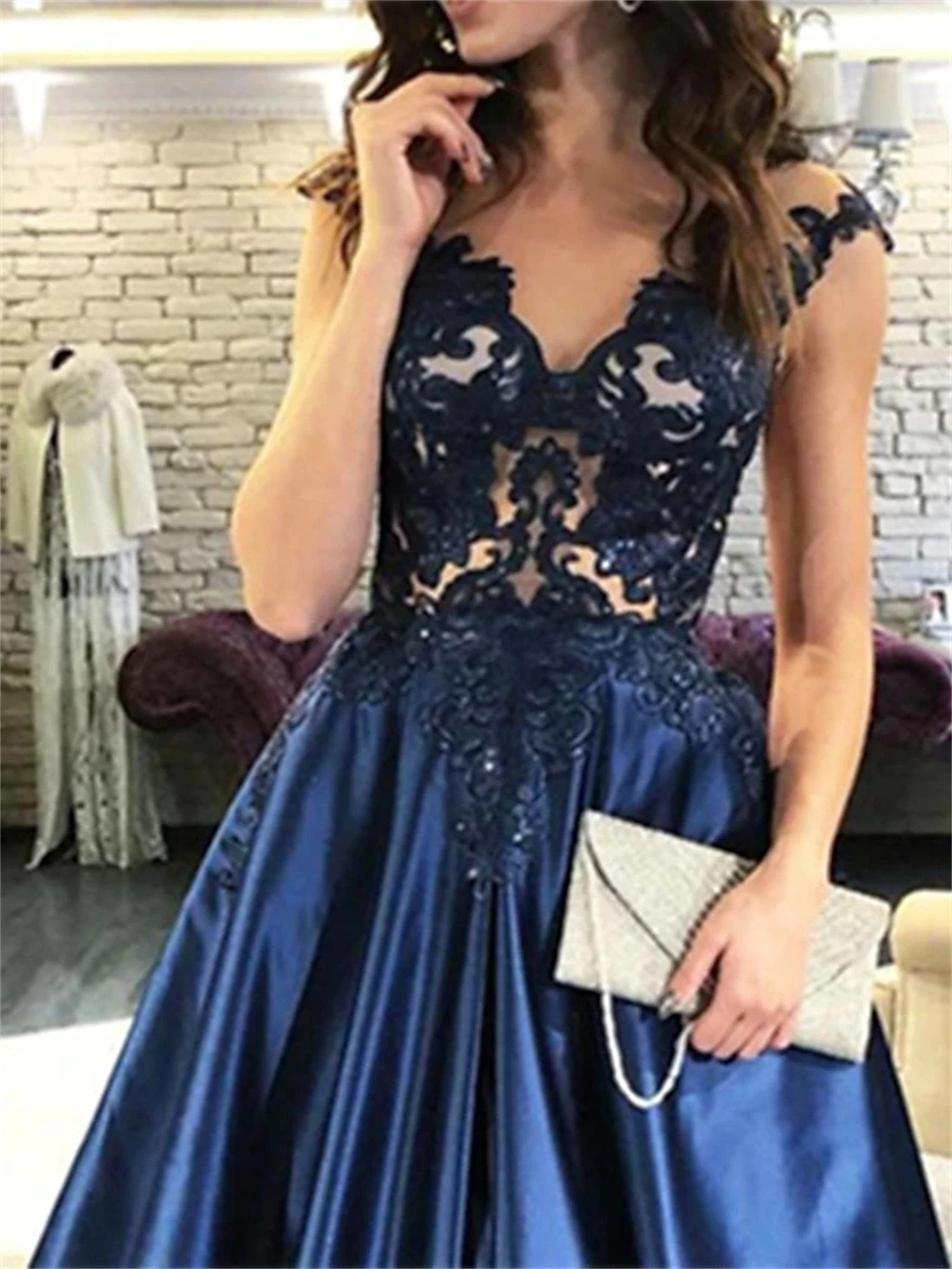 Aileen Line A-vestido de satén para mujer, fiesta de noche de encaje para traje elegante, color azul marino, 2024