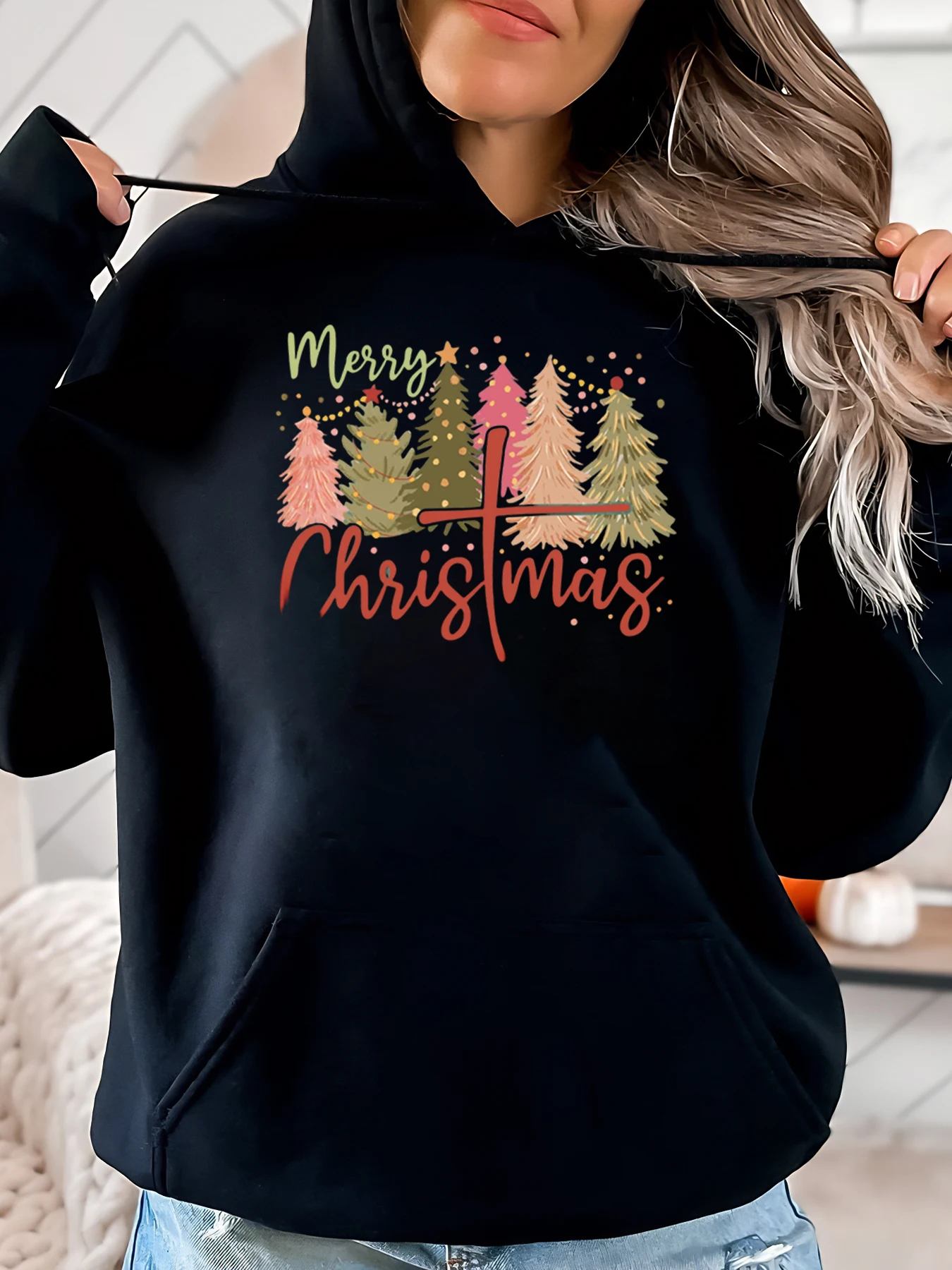 

Праздничная толстовка с рисунком рождественской елки, женская повседневная зимняя одежда, черный, больших размеров