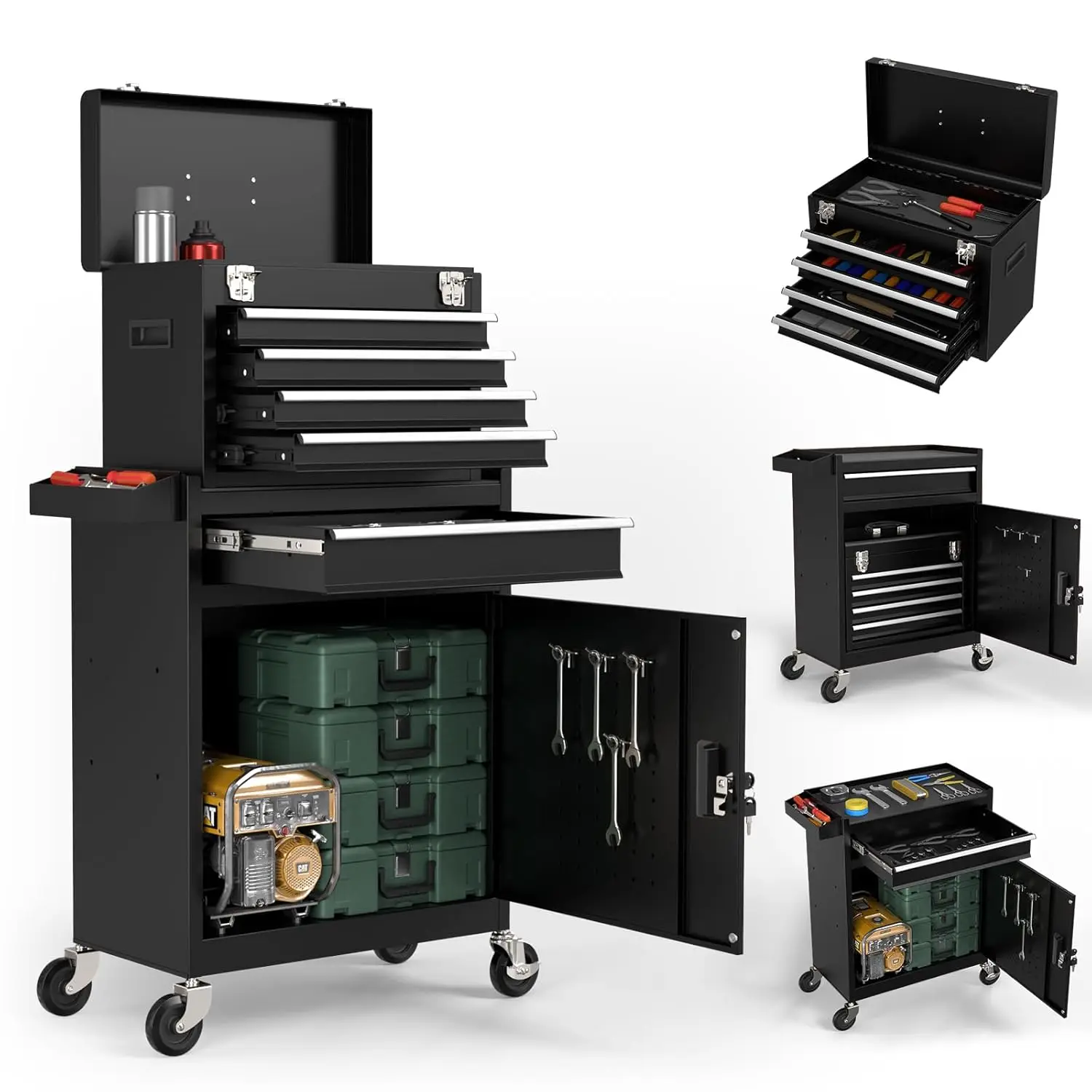 

5-Drawers Black Tool Chest, 2-in-1 Mechanic Rolling Tool Box Removable Lockable Tool Storage Cabinet, Metal Tool, Customized