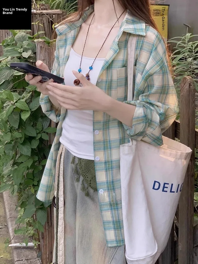 

Свободная рубашка в клетку в корейском стиле, осенний повседневный образ, молодежный тренд, весенняя, на пуговицах, с длинным рукавом