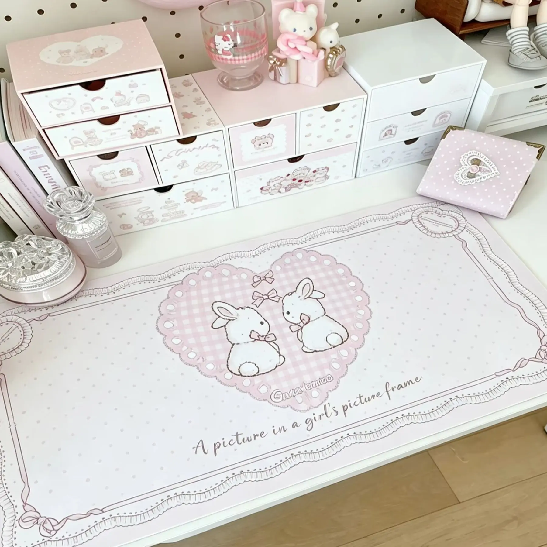 Leather Desk Pad Protector Pink Polka Dots Love Heart Bunny Y2K Rabbit Mouse Pad Office Desk Mat Non-Slip PU Desk Blotter Pad