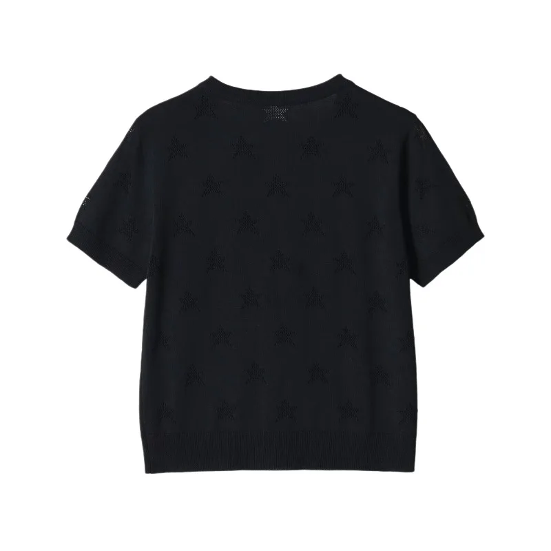 Withered Solid Color Casual Star Shaped Short Sleeved Knitted Sweater Women's Jacket Woman Clothes Pant Sets New Two Piece Set