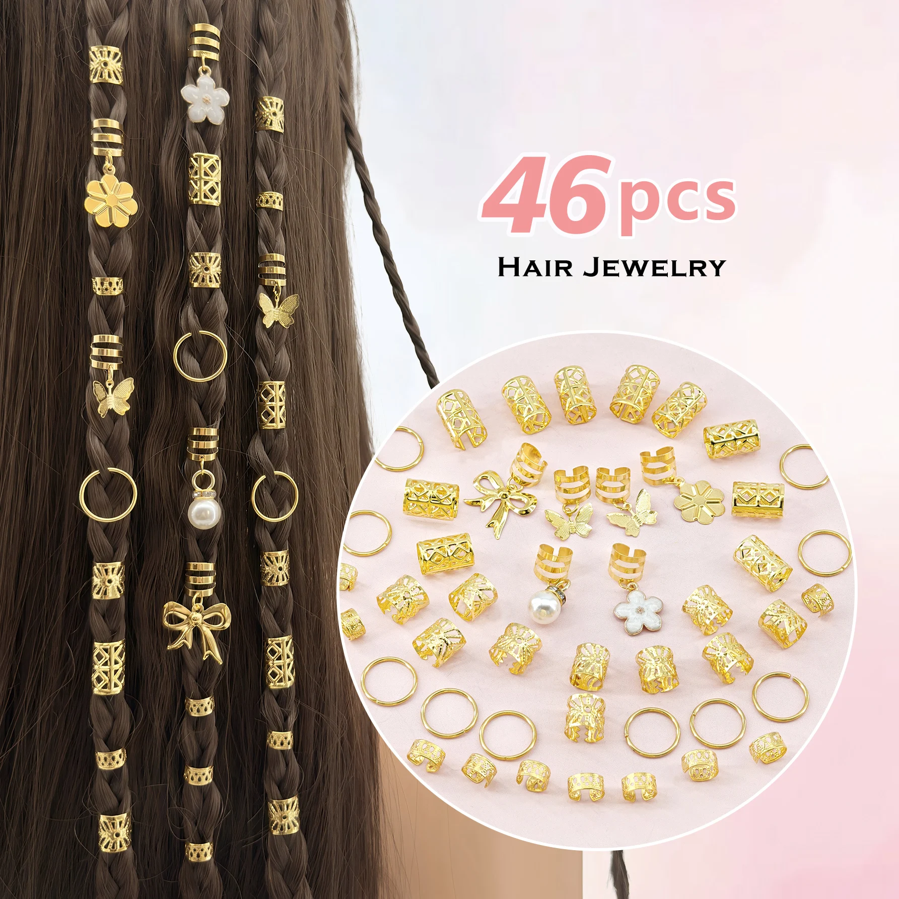 46pcs Hair Rings with White Camellia and Pearl, Golden Butterflies Multi-Shape Adjustable Rings, Boho Hair Cuffs for Dreadlocks