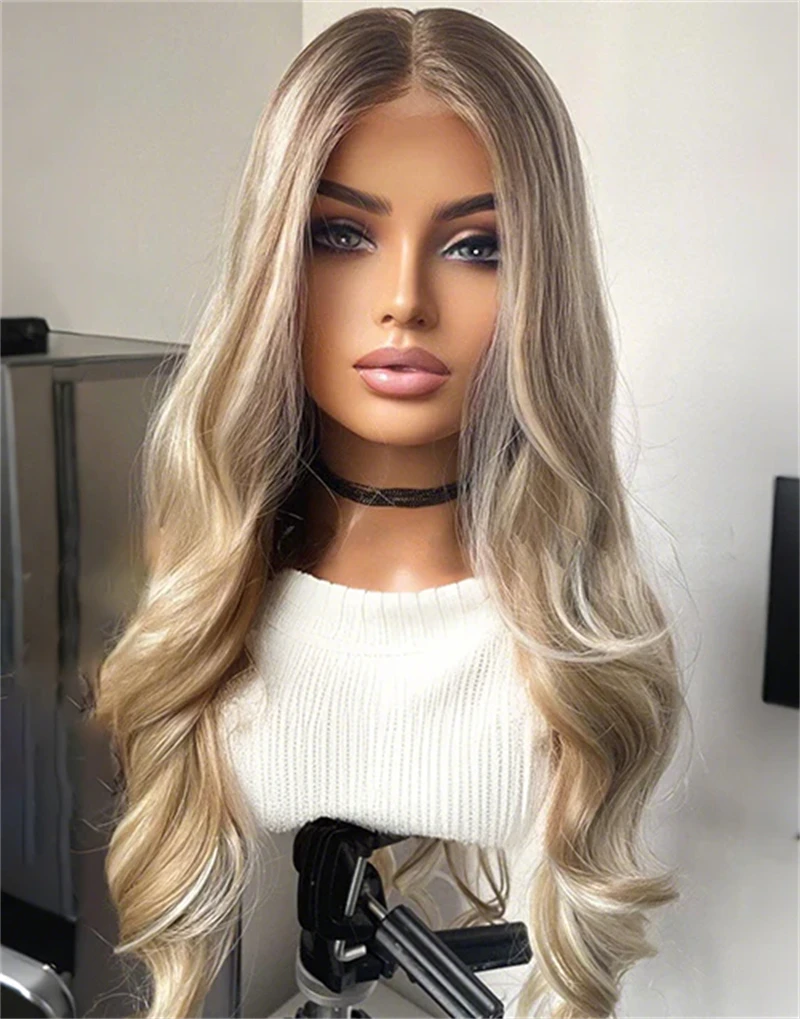 Free Part Ombre Blonde Brown Synthetic HD Lace Front Wig Top Luxury Wig Glueless Preplucked Hairline Soft Long Body Wave Wig