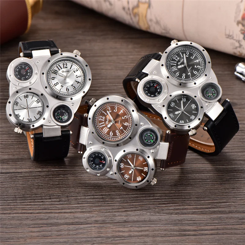 Fashion Oulm Top Brand Big Face Luxury Original Imported Quartz Men Unique Design Dual Time Decorative Compass Personality Watch