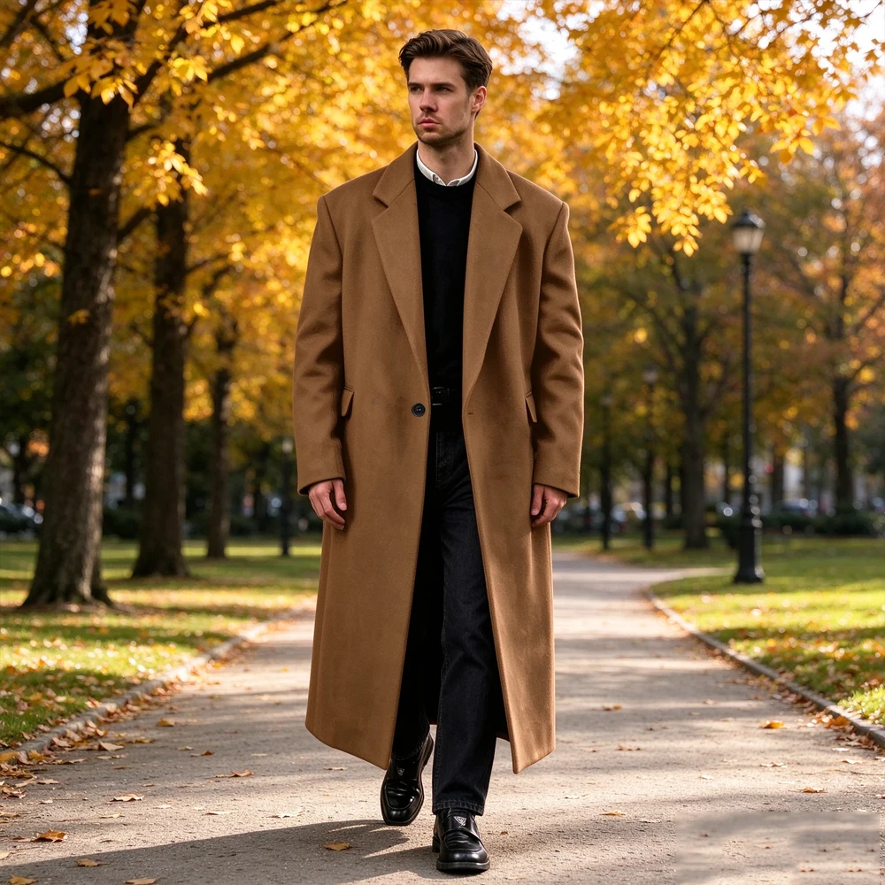 Men's Wool Blend Long Overcoat Lapel Collar Single One Button Maxi Coat Vintage British Style Warm Autumn Winter Outerwear
