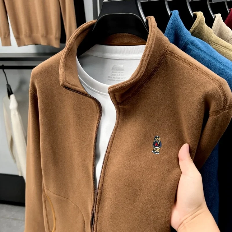

Brand cartoon bear embroidery fashion coat high end plush comfort pocket autumn winter stand collar jacket new casual men's wear
