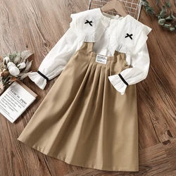 Girls Preppy Dresses for Kids School Uniform Clothes Teenager Autumn White Shirt & Dress 2pcs Children Costumes 8 10 12 13 Years