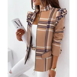 Top Coat da pendolare autunnale da donna Fashion Printed Ruffle Edge Casual Top elegante cappotto a maniche lunghe con cerniera sul collo in piedi