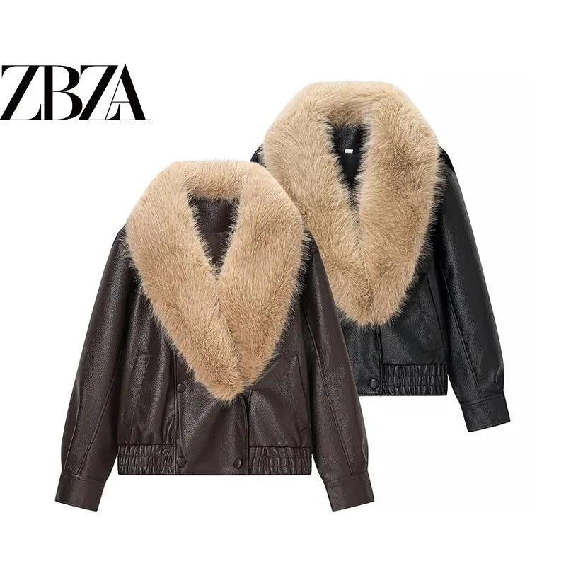 

Loose Fit Detachable Fur Collar Biker Style Women's Jacket Versatile Outerwear Polyester Material Long Sleeve Double Button C...