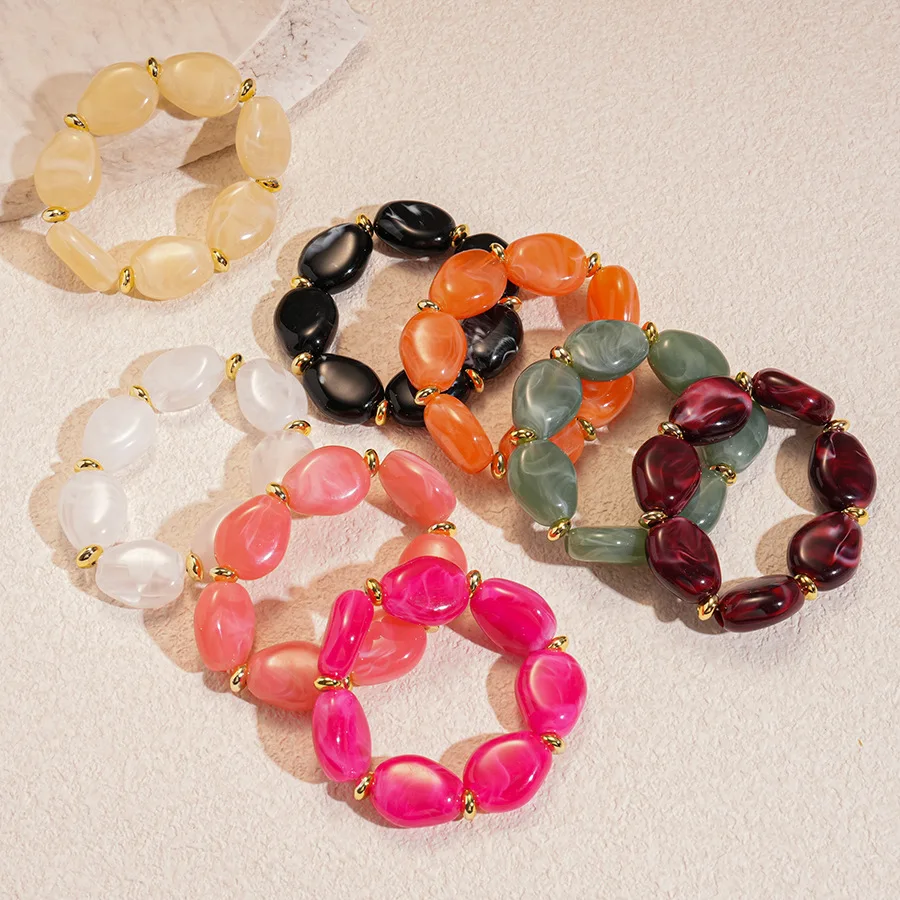 Irregular Imitation Marble Oval Acrylic Beads Bracelets Smudging Elastic Beaded Strand Bracelet Bangles Trendy Stack Jewelry D