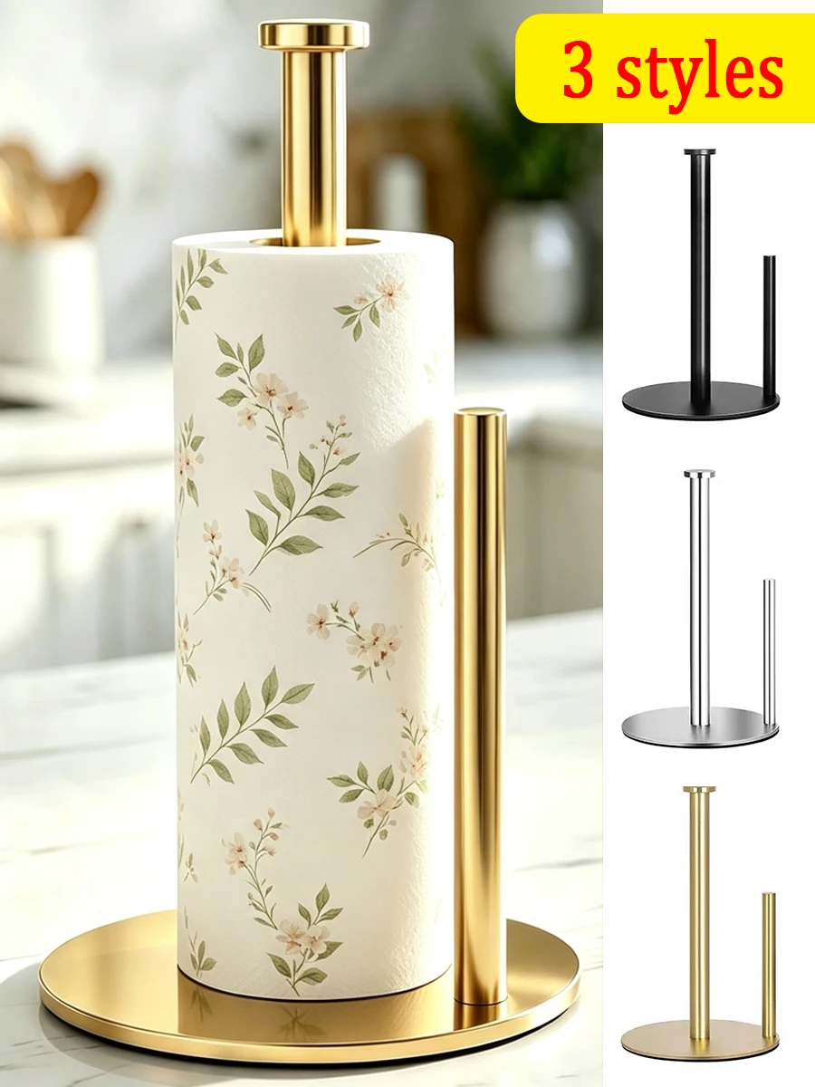 Heavy Duty Stainless Steel Kitchen Roll Holder, Countertop Paper Towel Stand with Weighted Base, Space Saving Storage Accessory