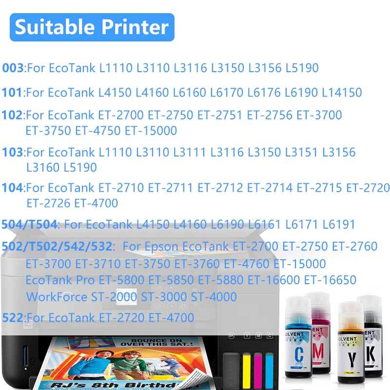 101 102 Eco-Solvent Ink For Epson Eco-Tank L4150 L4160 L6160 L6170 L6176 L6190 L14150 ET-2700/2750/2751/2756/3700/4750/15000