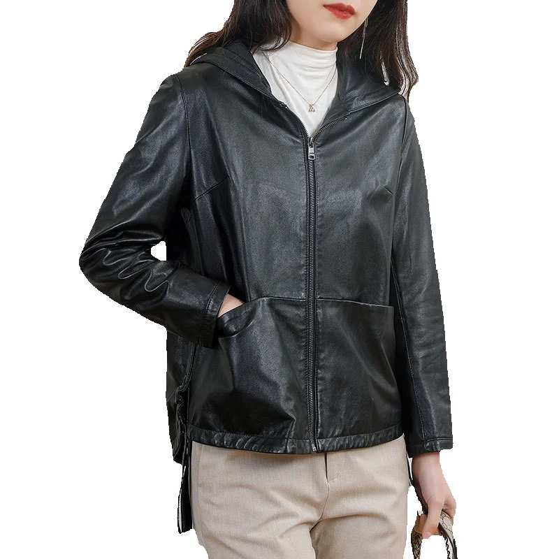 

Spring New Genuine Leather Coat Women's Sheepskin Jacket Black Hooded Light Short Style Commuter Coat