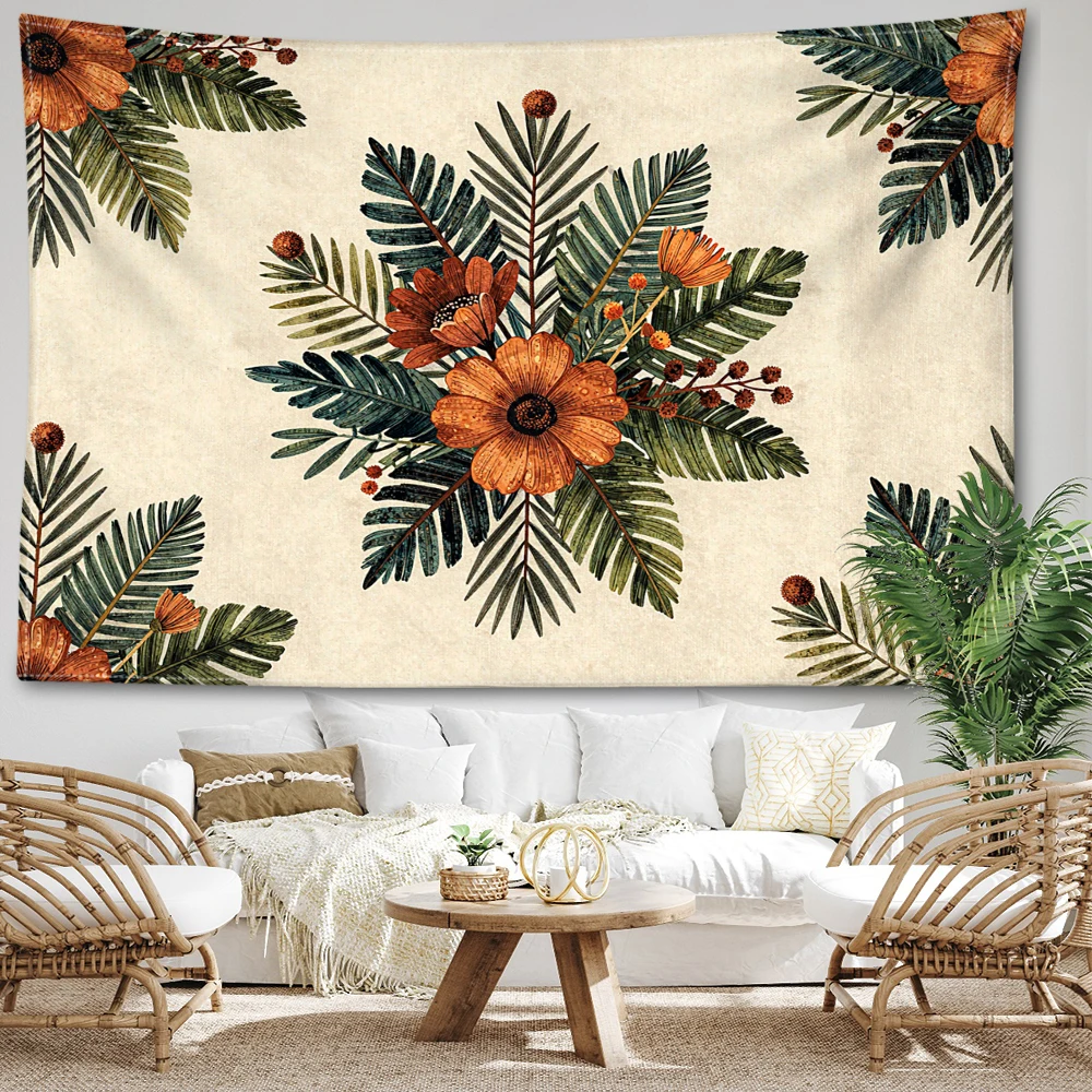 Cream White Orange Flower Green Leaf Printed Tapestry Wall Hanging Bohemian Style Bedroom Home Decor