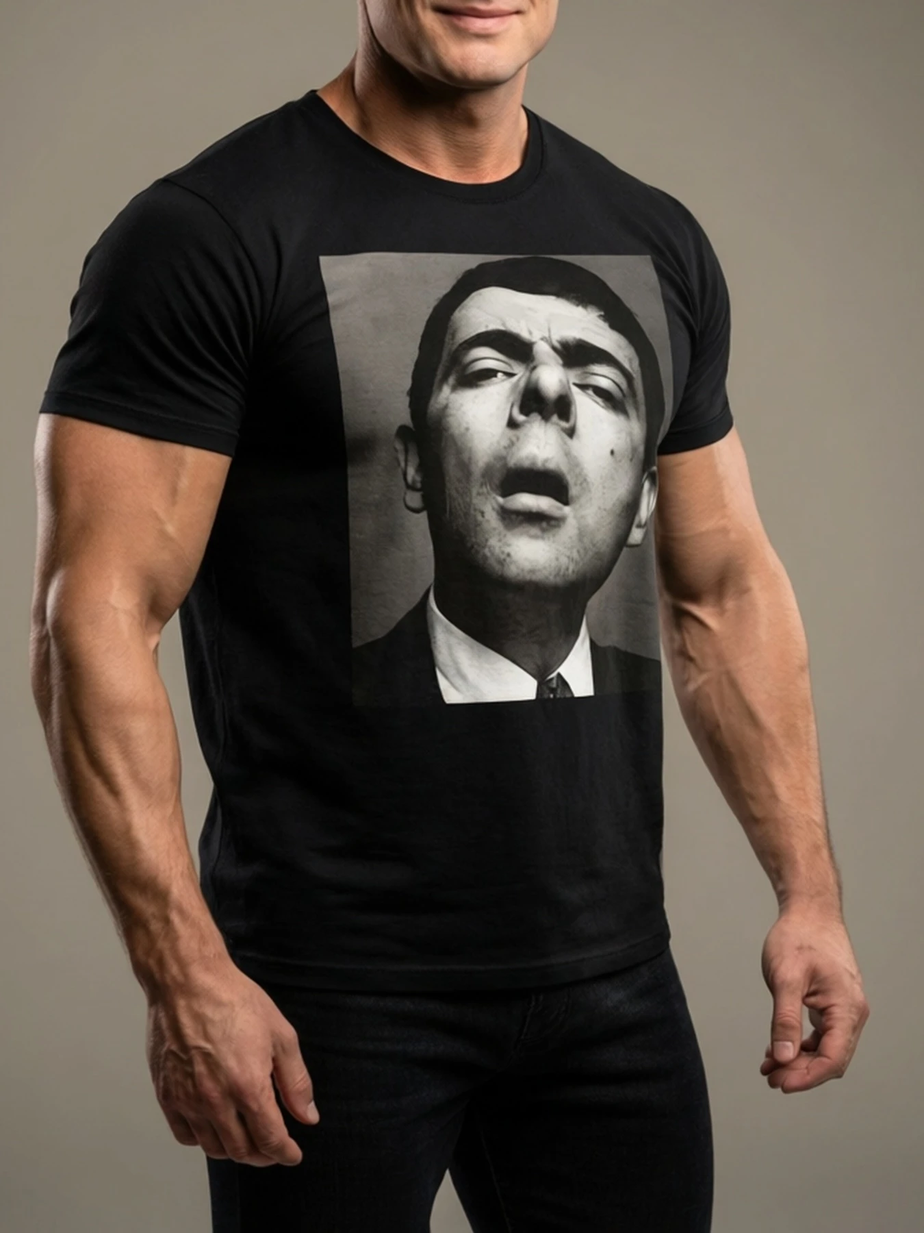 Men'S Black Short-Sleeved Crew Neck T-Shirt Printed with A 'Mr. Bean Funny Face' Pattern Suitable for Casual Everyday Wear