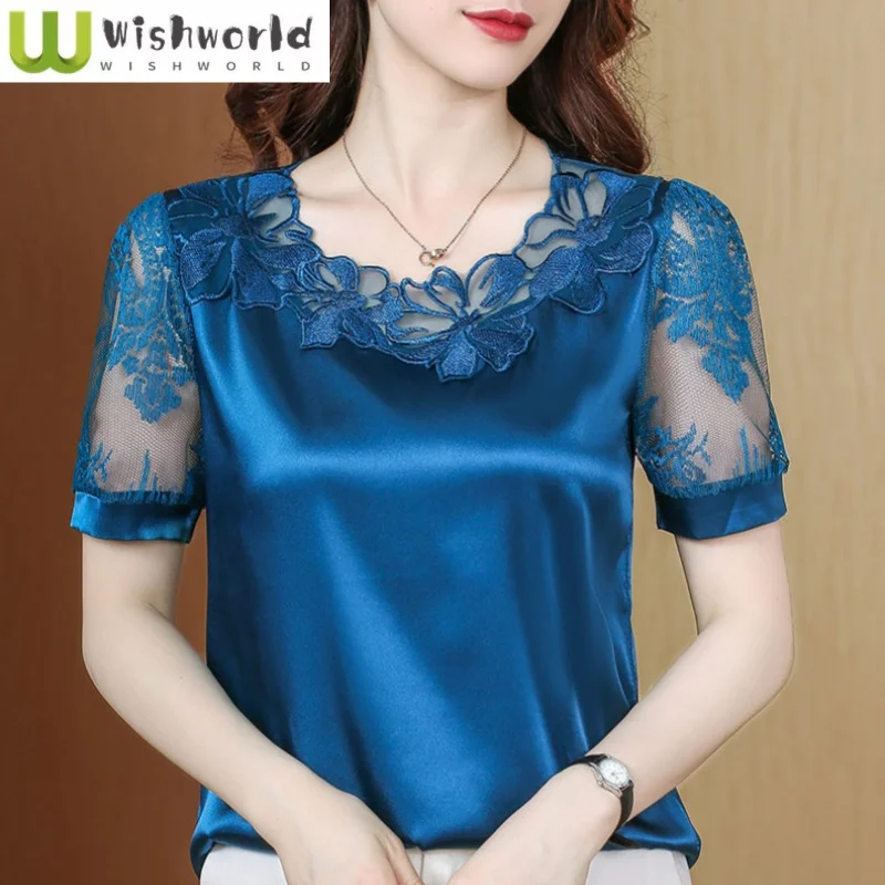 

Lace Round Neck Satin T-shirt Elegant Women's Summer Base Shirt Plus Hollowed Out Short Sleeved Top Blouse