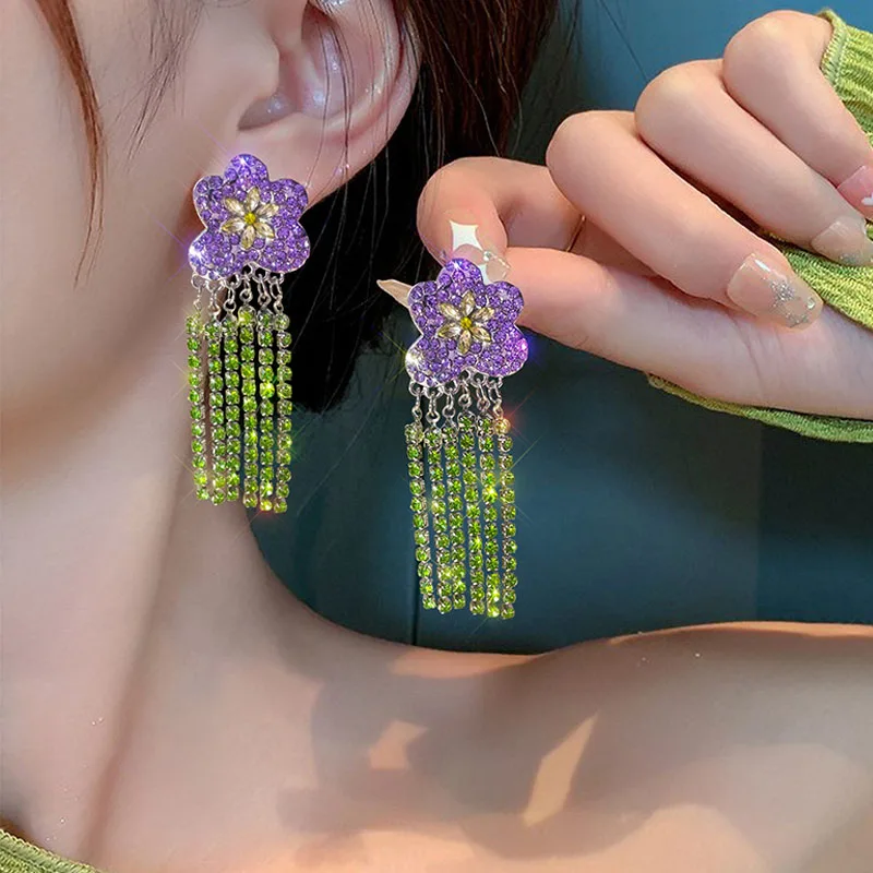 Tassel Pearl Flower Purple Crystal Drop Earrings For Women Luxury Elegant Geometric Bowknot Earrings Ms Wedding Jewelry