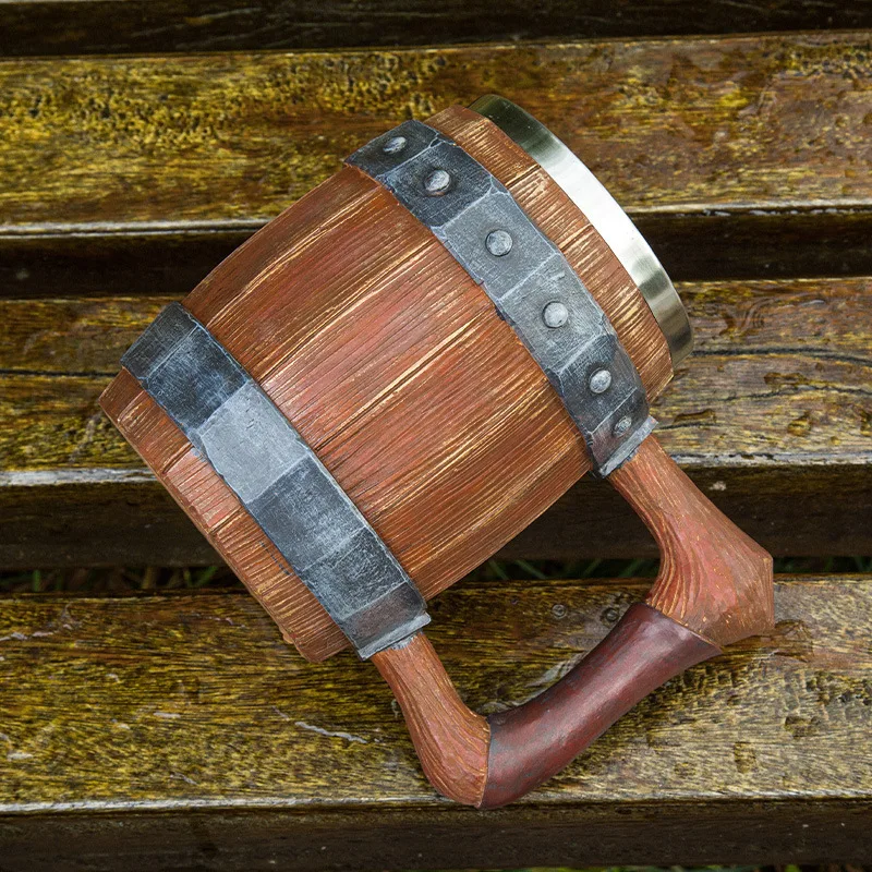 Viking Retro Beer Mug Resin 304 Stainless Steel Imitation Wood Coffee Cup Double Wall Mug Beer Jug Water Cup Barware Men's Gift - view 4