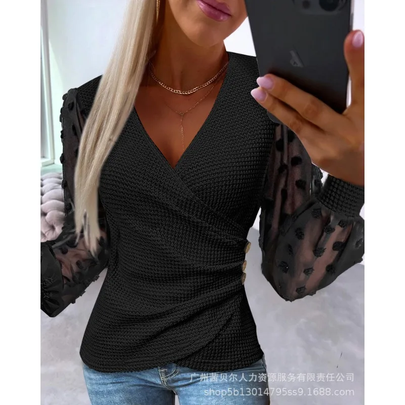 Neue Frauen Slim Fit Plissee Knopf Pullover 2023 Herbst Winter Plüsch Top Frauen Mode einfarbig Langarm V-Ausschnitt Pullover Top