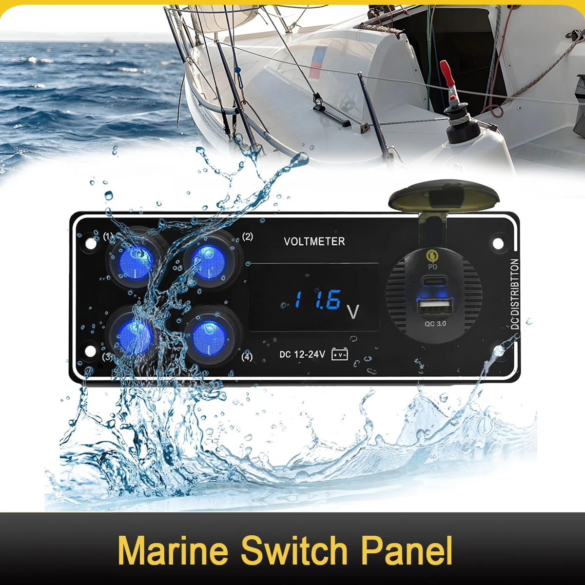 

4/6 Gang Marine Switch Panel with QC3.0 Fast Charger PD Type C & Digital LED Voltmeter Rocker Switch for Car Boat Caravan Truck
