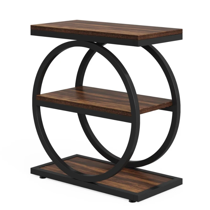 Industrial style three-layer console table round metal frame sofa side table