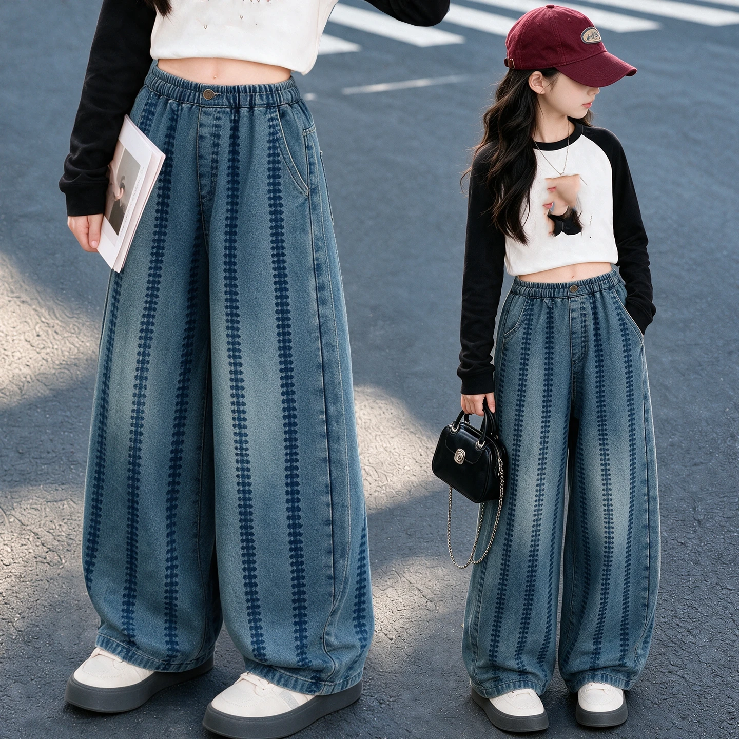 Girls Wide Leg Jeans, Elastic Waist Vertical Jacquard Stripe Denim Pants Vintage Blue Girls Spring Autumn Casual School Trousers