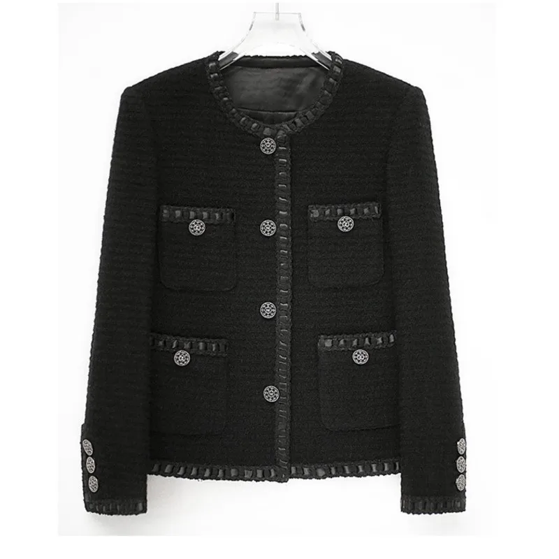 

Black Tweed jacket for women's autumn/winter tops, short and versatile small fragrant woolen jacket