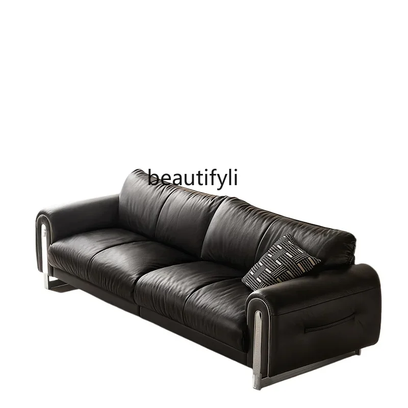 

02 Annual ring sofa, medieval style living room, modern simple three-person straight row new black leather sofa