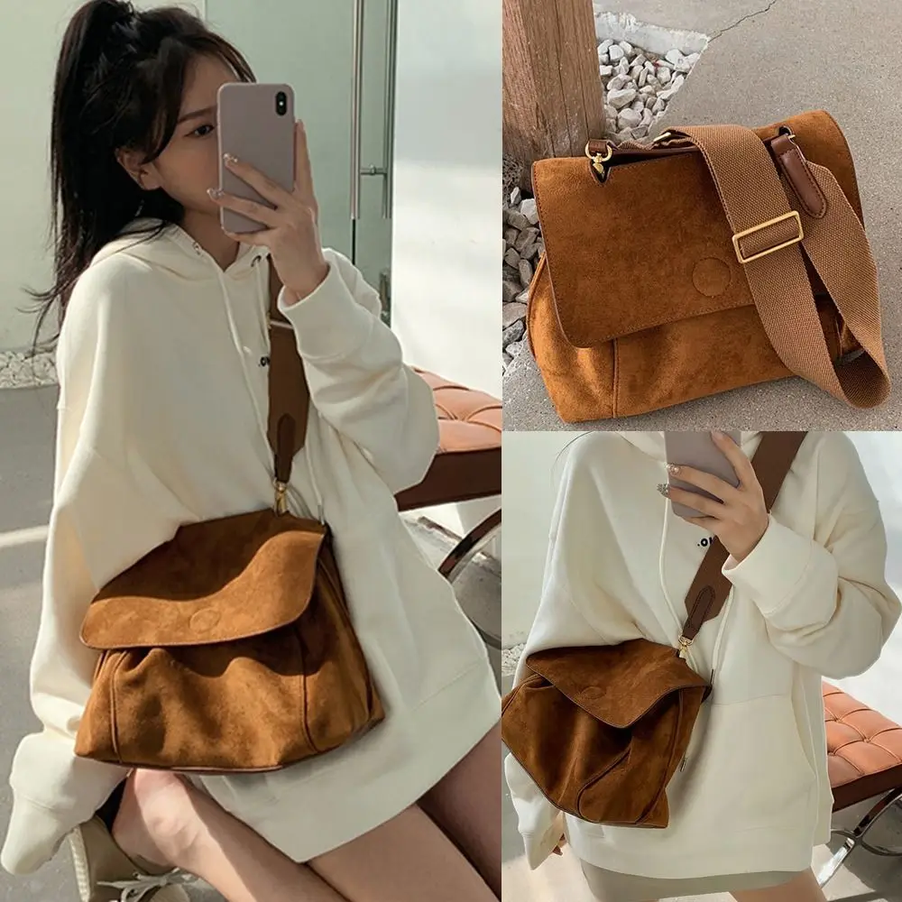 Large Capacity Flap Shoulder Bag Casual Wide Strap Vintage Crossbody Bag Nubuck PU Leather Handbag Women Girls