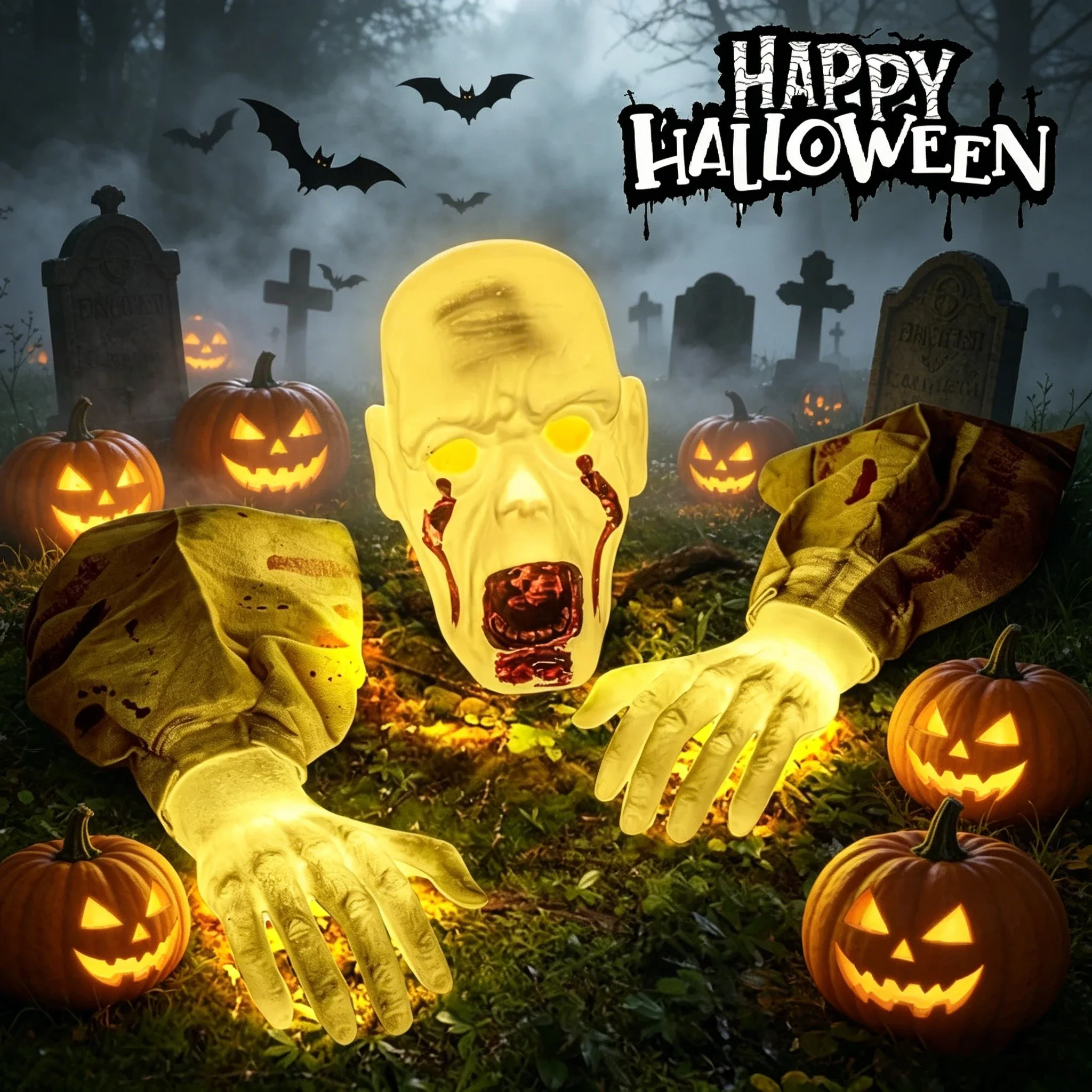 Haunted House Zombie Statue with Light Realistic Skeleton Graveyard Decor Terrifying Halloween Prop for Indoor/Outdoor Spooky