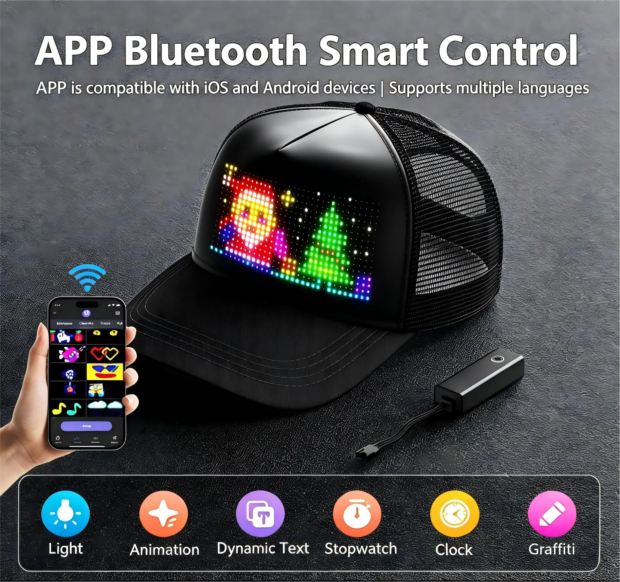 APP Programmable LED Matrix Cap, RGB Custom Text & Animation, USB Rechargeable, Breath Mesh for Party Rave Festival Unique Gift
