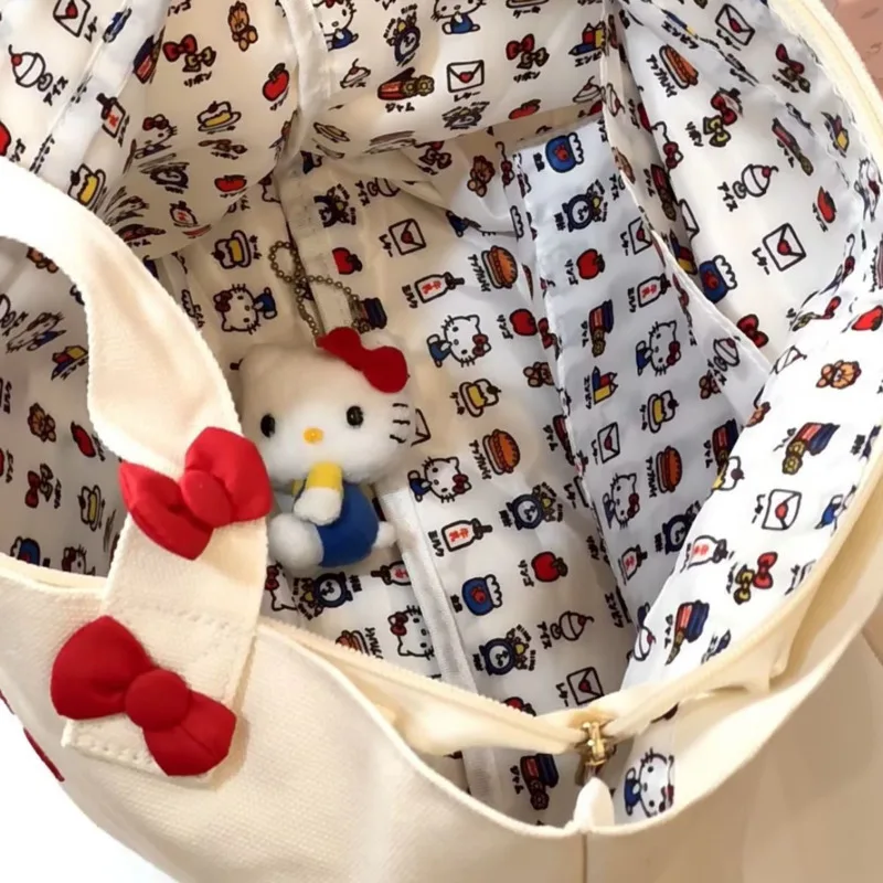 Miniso Hellokitty śliczne płócienne torby na ramię Cartoon haftowane białe torebki Zipper Casual Bookbags Y2k torebki dla dziewczynek