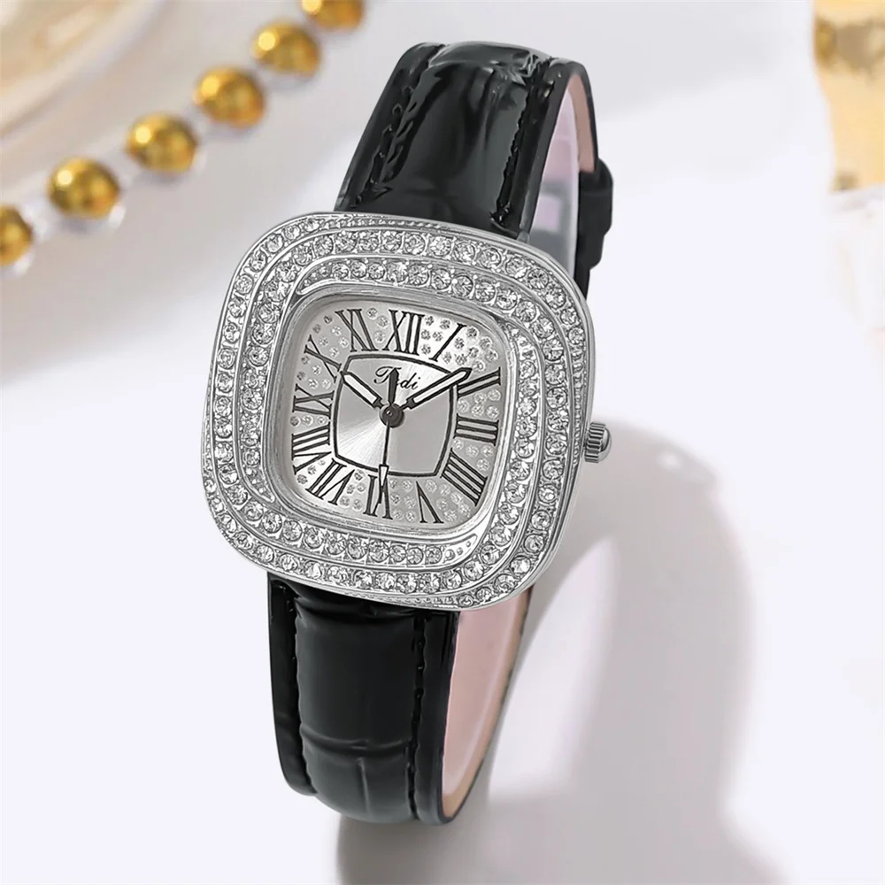 Señoras de lujo de la marca de diseño cuadrado Starry Sky reloj de cuarzo con diamantes de moda de cuero negro de vestir Relojes de las mujeres