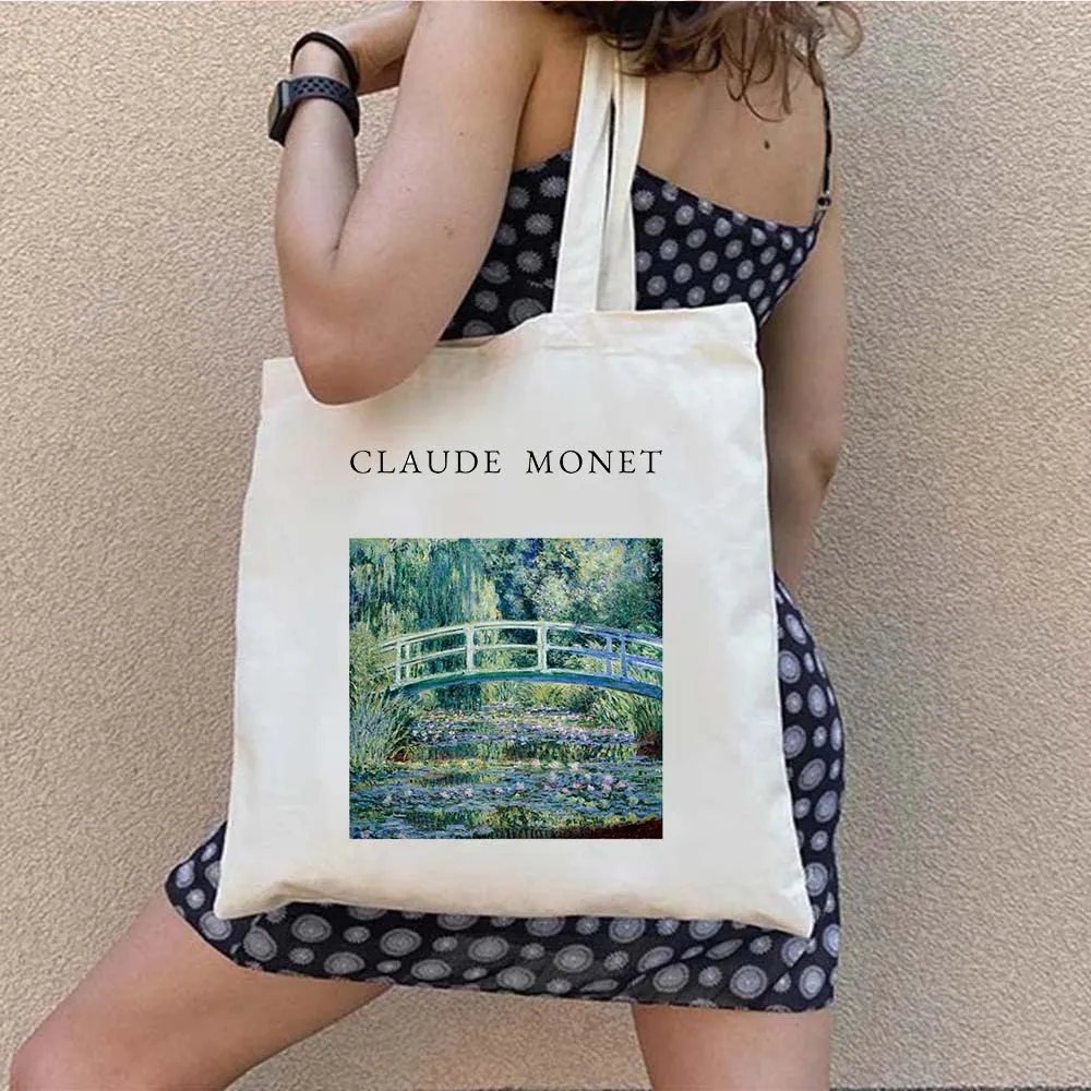 Mulheres ombro lona sacola claude monet nenúfares pinturas de paisagem harajuku compras menina bolsas shopper sacos de algodão