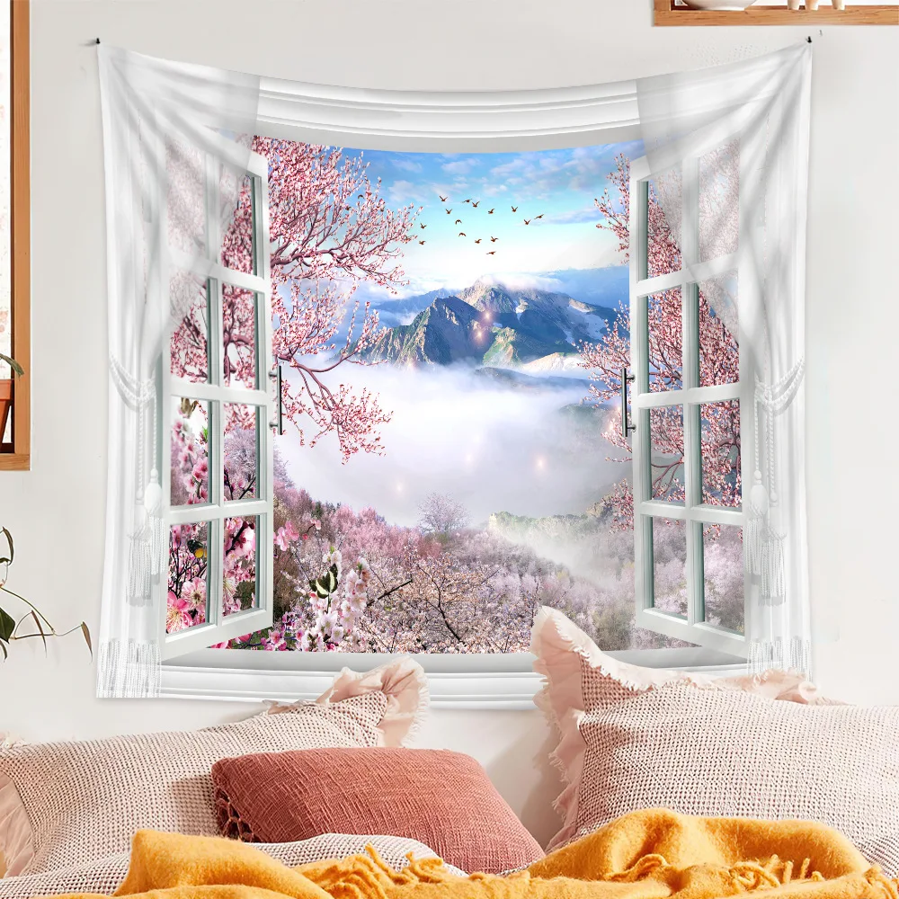 Imitation Window Scenery Tapestry Seaboard Wall Hanging Blanket Natural Landscape Tapestries Home Bedroom Living Room Dorm Decor
