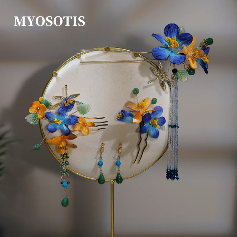 Blue Yellow Mix Color Chinese Wedding Hair Accessories for Women Sweet FLower Bride Marriage Headwear Jewelry