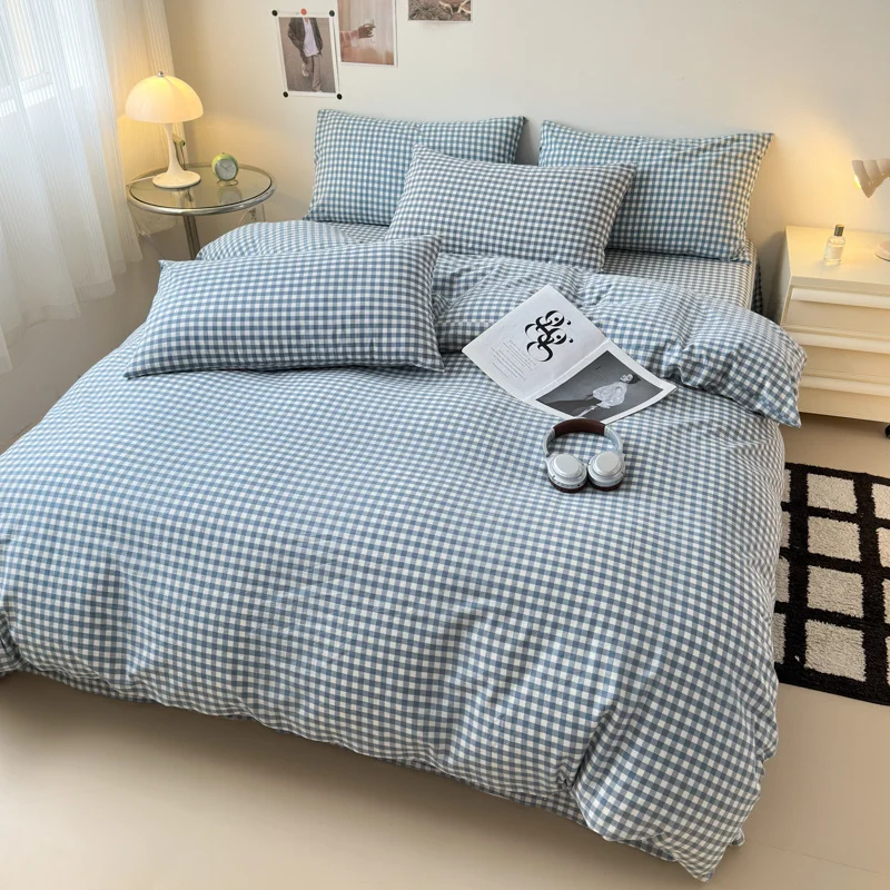 Blue Plaid Checkerboard Duvet Cover Cotton Bedding Set Geometric Grid Quilt Cover 3pcs Reversible Comforter Cover 2 Pillowcases