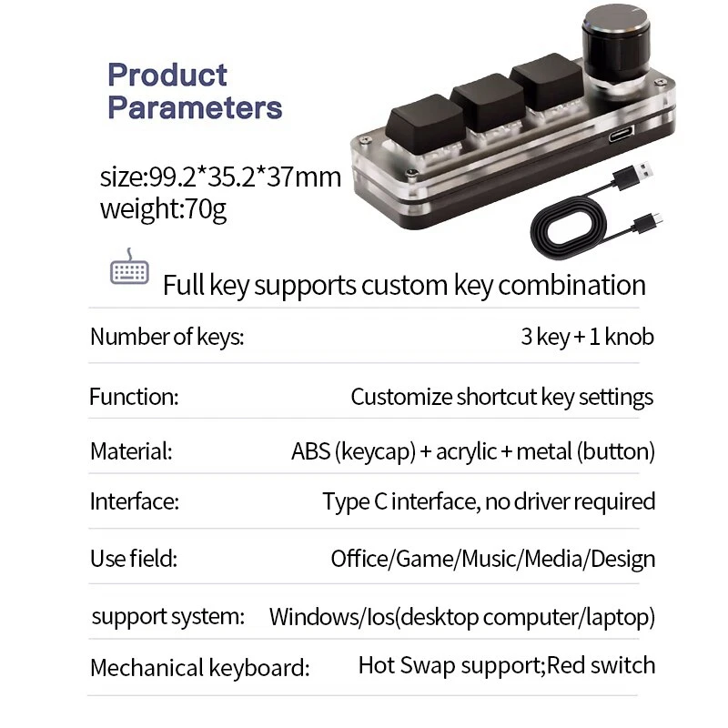 Macropad Macro Mechanical Keyboard RGB Mini Gaming Custom Programming Knob Keypads 3 Keys For Photoshop
