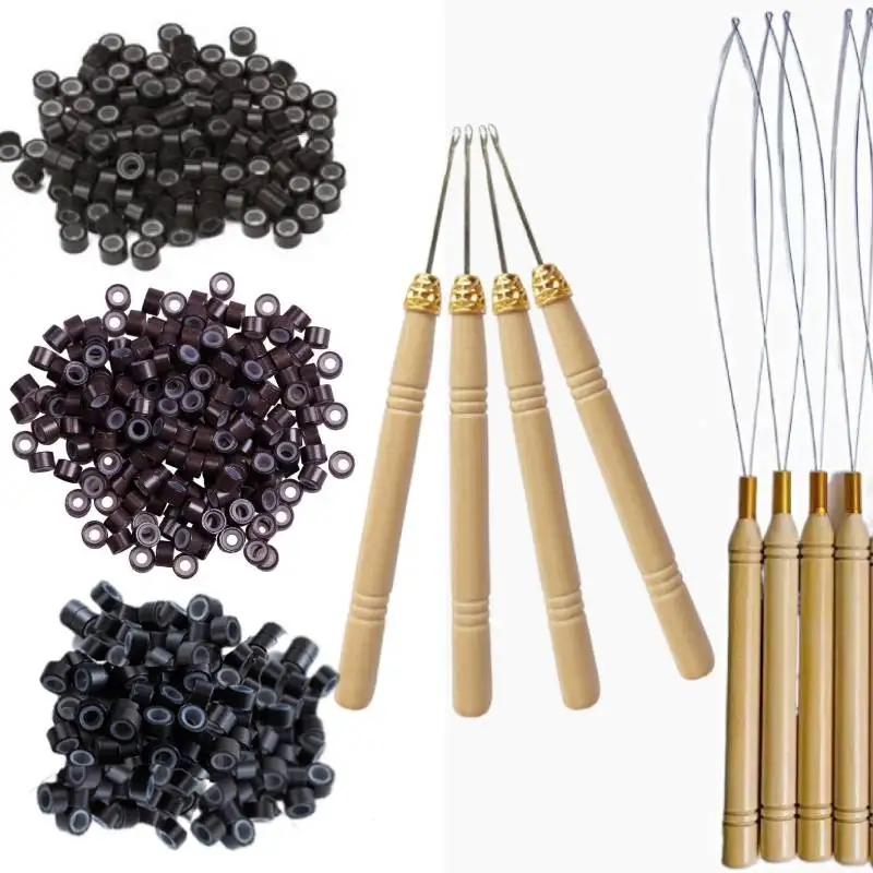 Wooden Handle Hook Needle Micro Rings Needle Micro Latch Hook Loop Needle Hair Extensions Tools Hair Hook Wig Needles