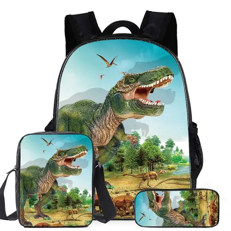 Classico popolare cartone animato dinosauro 3D stampato 3 pezzi / set borse da scuola per alunni zaino per laptop zaino borsa a tracolla inclinata astuccio