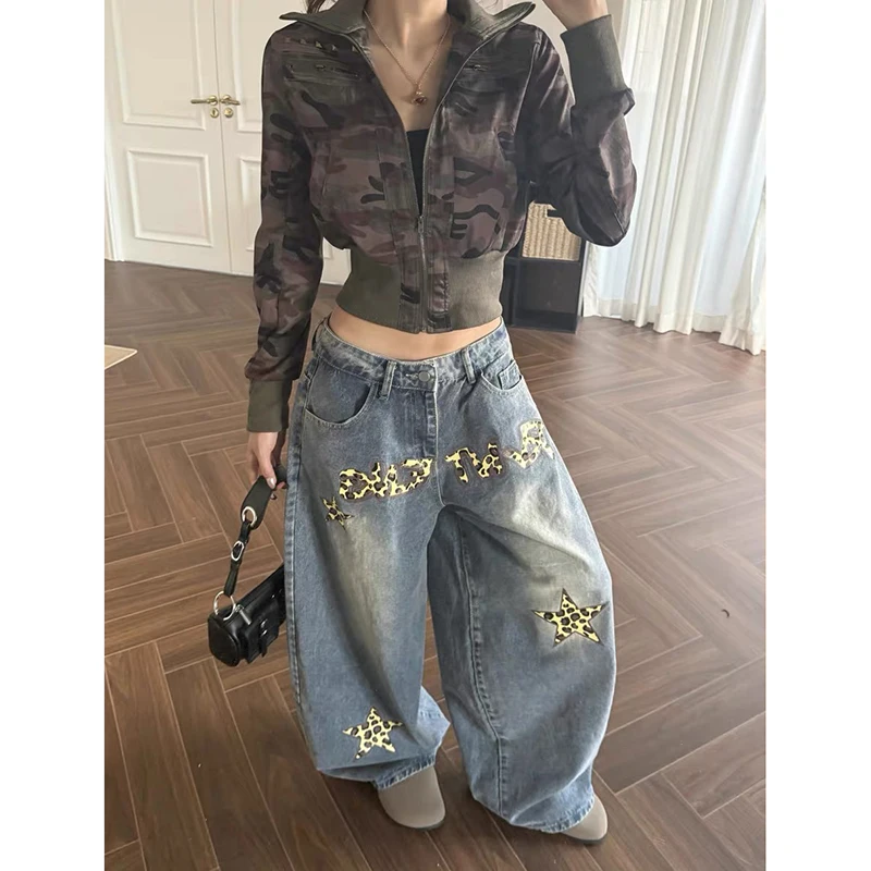 

Синие мешковатые лоскутные леопардовые джинсы Y2k, женские винтажные джинсовые брюки в стиле Харадзюку, эстетический стиль 2000-х годов, джинсы-бойфренды, брюки