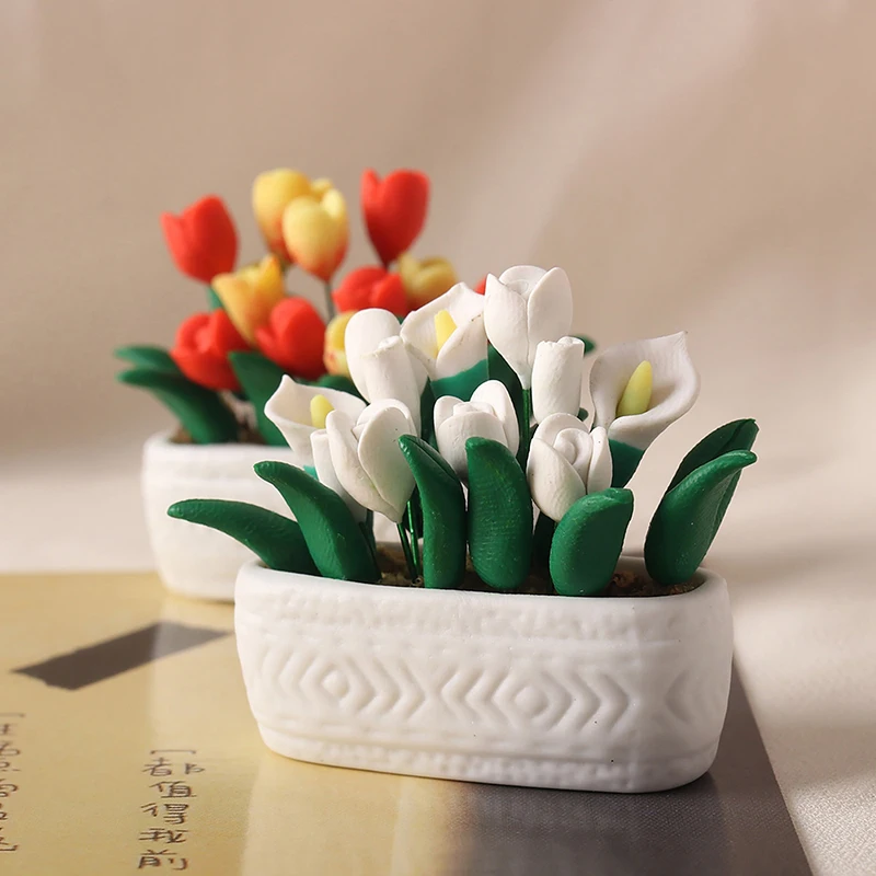 1/12 Dollhouse Miniature Accessories Mini Tulip Potted Plant Simulation Garden Flower Model for Doll House Decoration