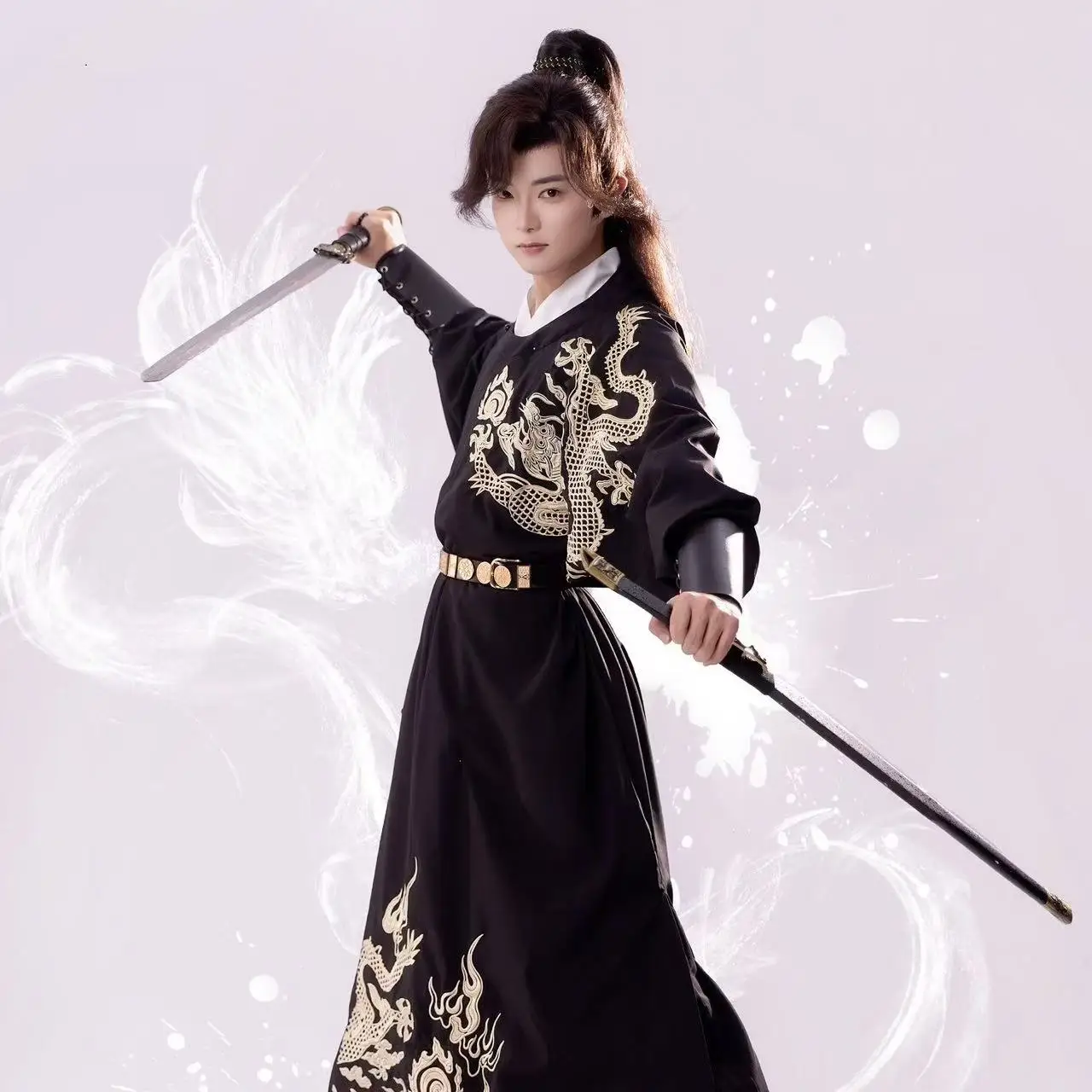 Ancient Sewed Dragon Embroideries Hanfu Men's Traditional Tang Dynasty Round Neck Robe Halloween Event Prince Cosplay Stage Suit