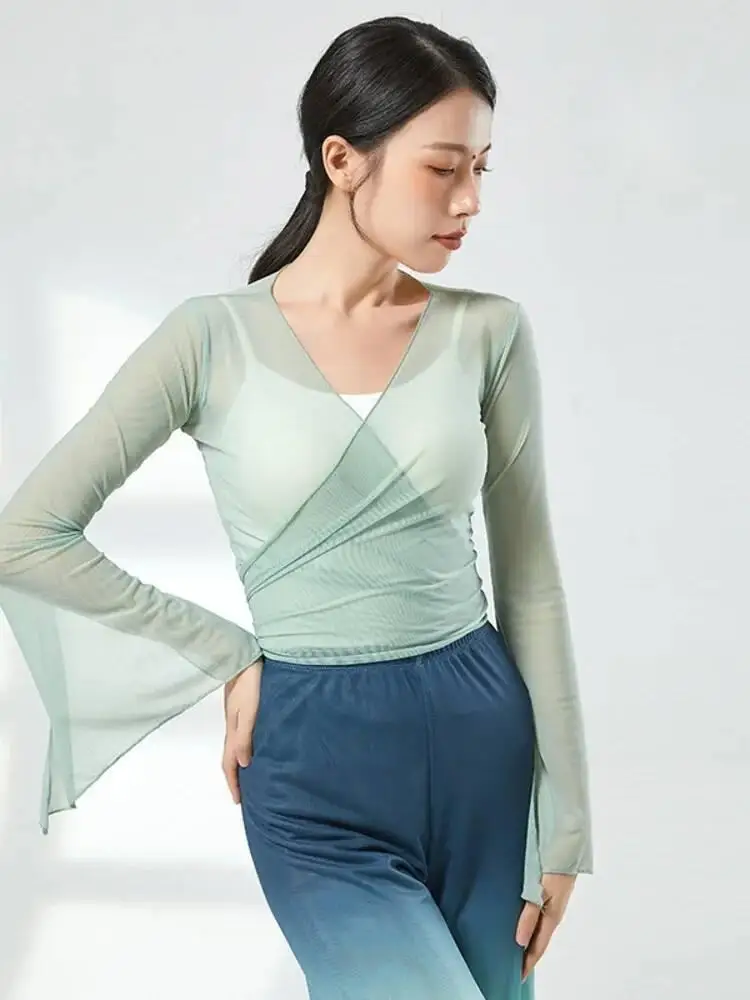 manga-longa-com-decote-em-v-sino-manga-malha-superior-com-divisao-lateral-cor-solida-moderna-dancewear-para-mulher-traje-de-pratica-leve