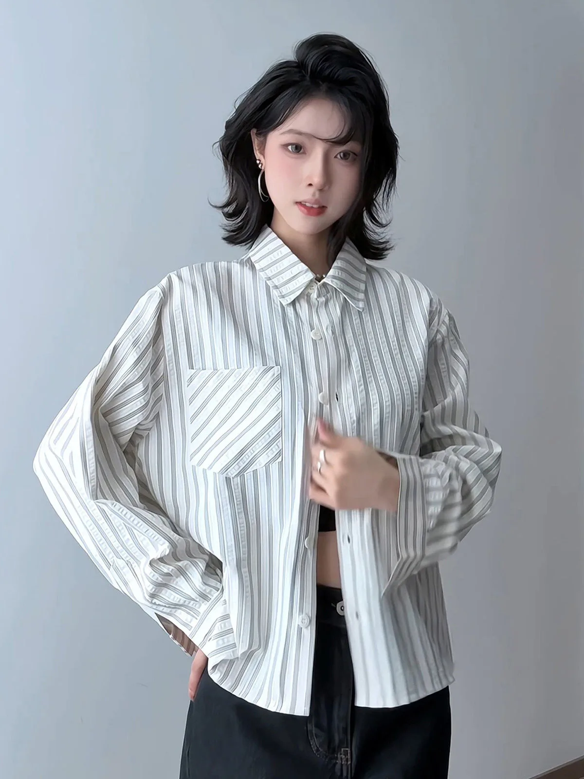 American Style Bubble Shirt Long Sleeve Coat Unisex Spring Shoulder Cleanfit Striped Open Cardigan Turn-down Collar Casual Wear