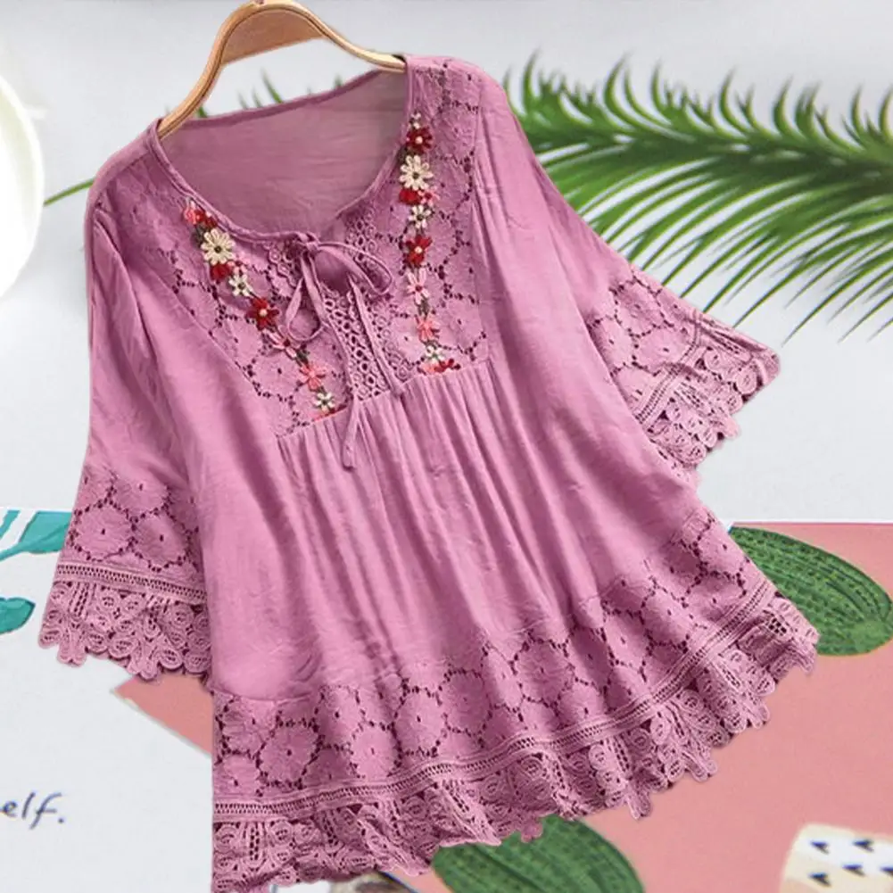 Chic Women Pullover Shirt Solid Color 3/4 Sleeves Shrink Resistant Vintage Lace Patchwork Embroidery Flower Decor Blouse