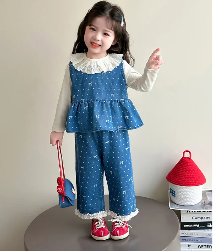 

New Baby Girls Fall Fashion 3 Pieces Dot Jean Sets, Vest +Blouse+ Pants Princess Casual Suits 2-7 T