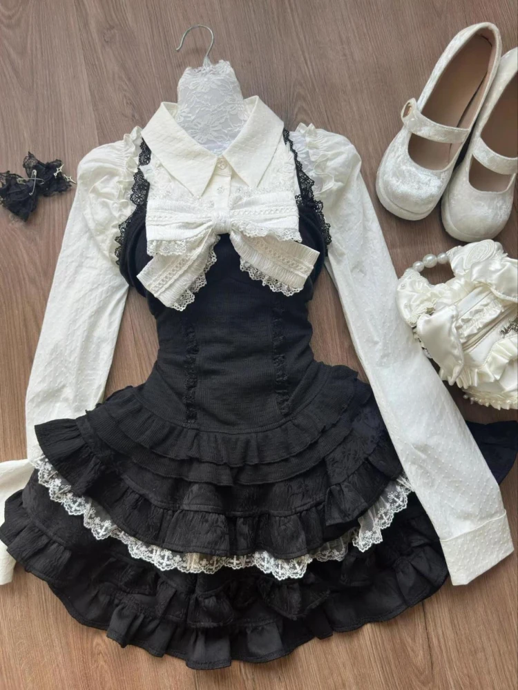 Sweet 3 Piece Sets Women Ruffled Long Sleeve Shirt + Lace Patchwork Bow Vest + Mini Cake Skirts Cute Y2k Aesthetic Outfits Suit